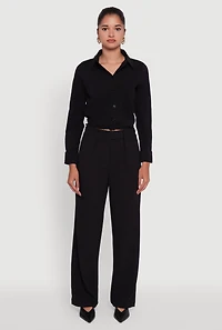 Womens Cropped Button Front Elastic Hem Blouse, Black,