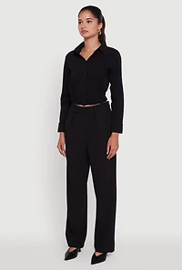 Womens Cropped Button Front Elastic Hem Blouse, Black,