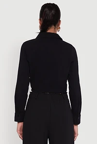 Womens Cropped Button Front Elastic Hem Blouse, Black, Size M