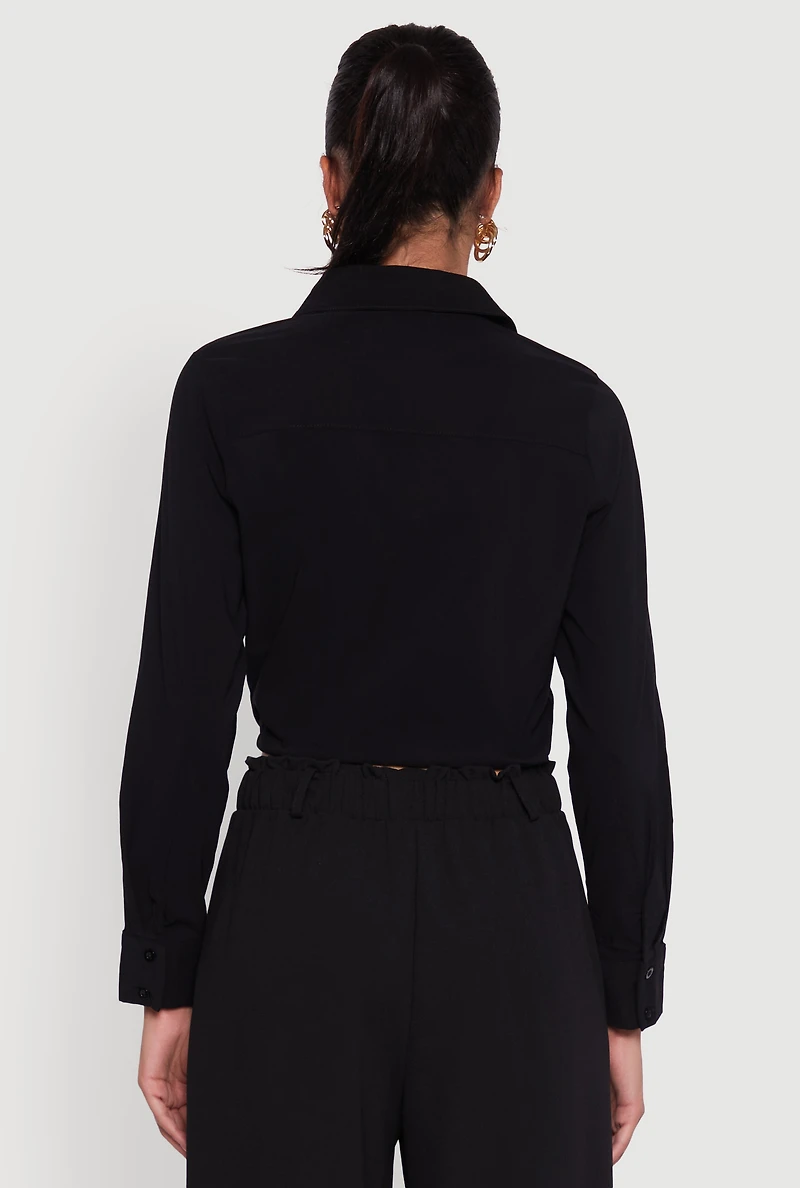 Womens Cropped Button Front Elastic Hem Blouse, Black,