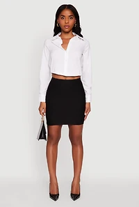 Womens Cropped Button Front Elastic Hem Blouse, White, Size L