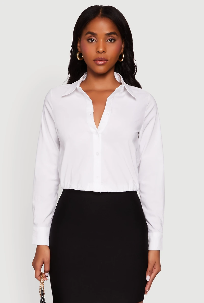 Womens Cropped Button Front Elastic Hem Blouse, White, Size L