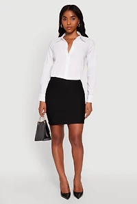 Womens Cropped Button Front Elastic Hem Blouse, White, Size L