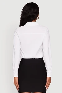 Womens Cropped Button Front Elastic Hem Blouse, White, Size L