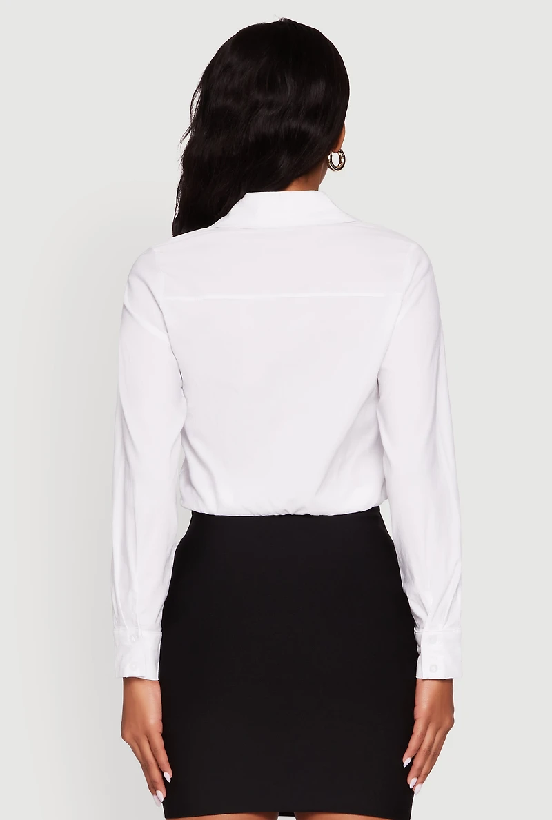 Womens Cropped Button Front Elastic Hem Blouse, White, Size S