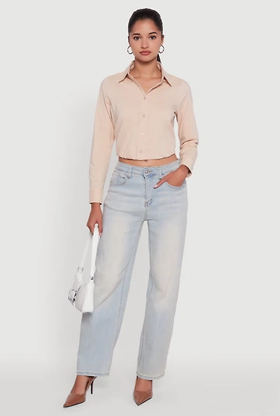 Womens Cropped Button Front Elastic Hem Blouse,