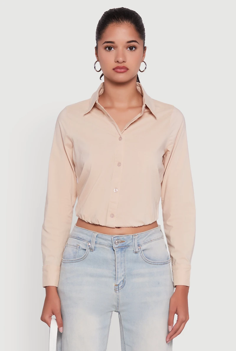 Womens Cropped Button Front Elastic Hem Blouse,