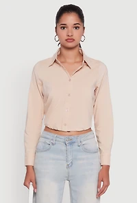 Womens Cropped Button Front Elastic Hem Blouse,