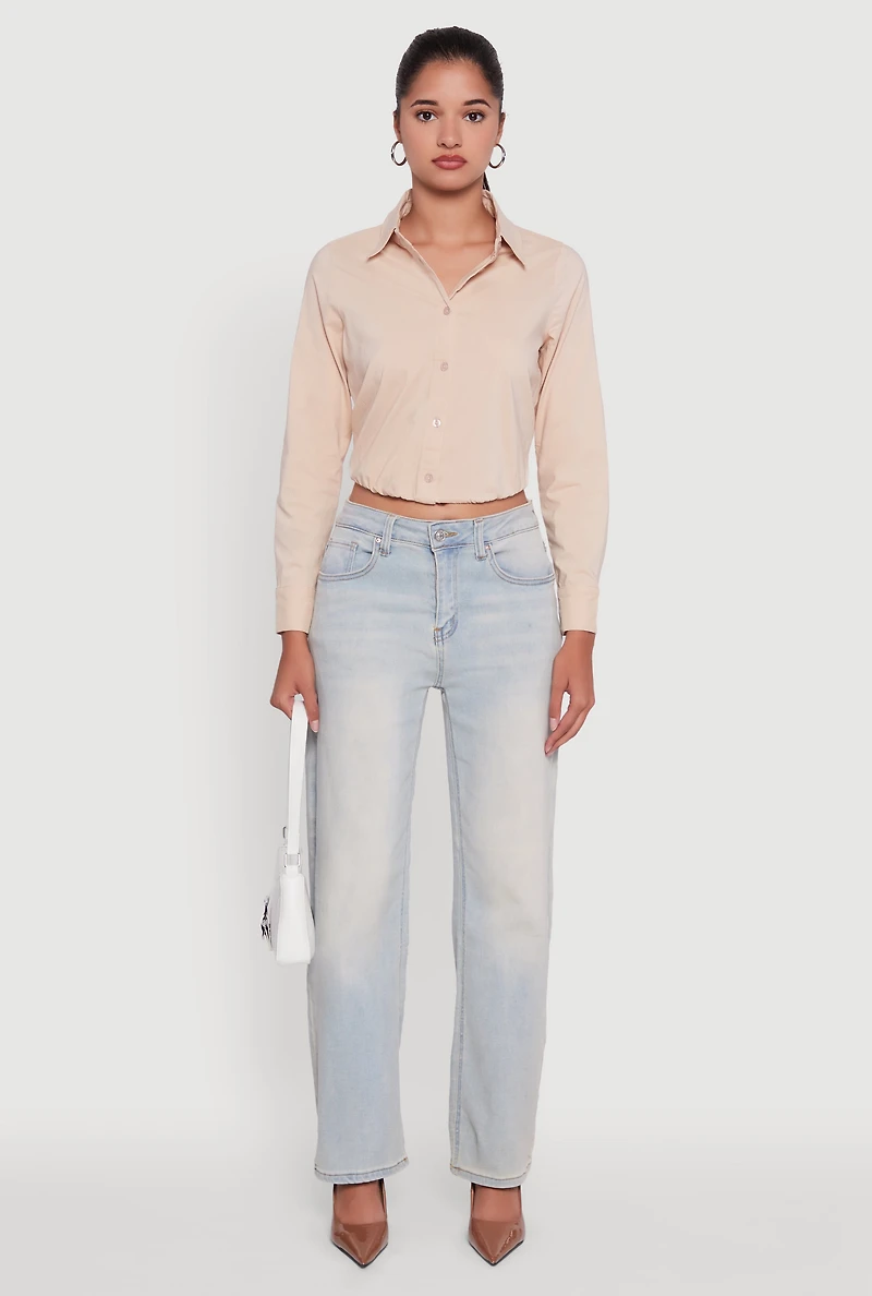 Womens Cropped Button Front Elastic Hem Blouse,
