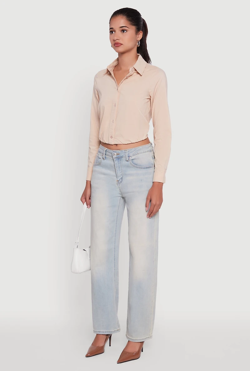 Womens Cropped Button Front Elastic Hem Blouse,