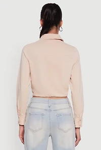 Womens Cropped Button Front Elastic Hem Blouse,