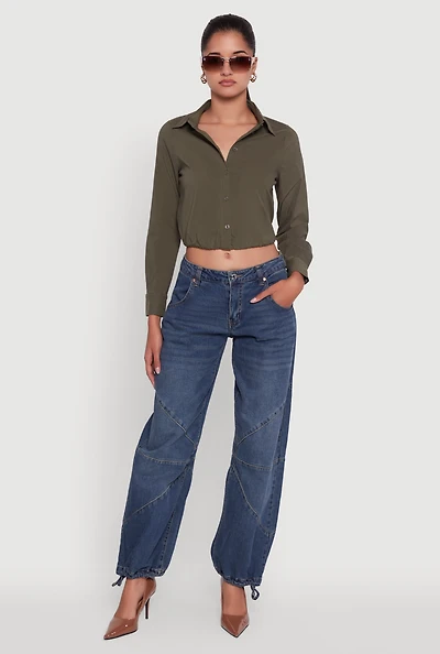 Womens Cropped Button Front Elastic Hem Blouse, Green, Size M