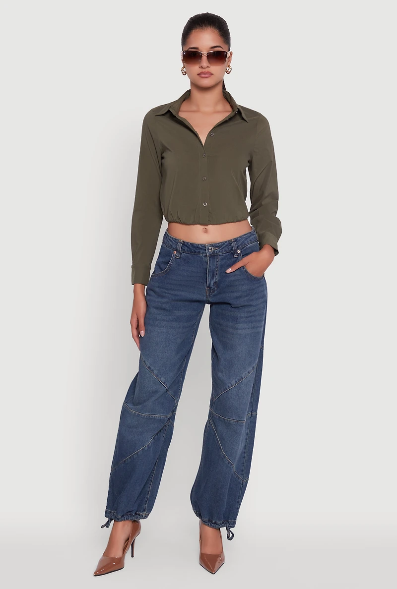 Cropped Button Front Elastic Hem Blouse