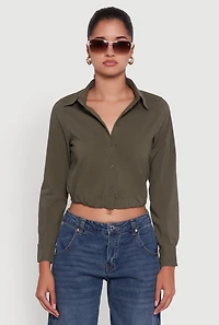 Womens Cropped Button Front Elastic Hem Blouse, Green, Size S