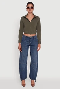 Womens Cropped Button Front Elastic Hem Blouse, Green, Size S