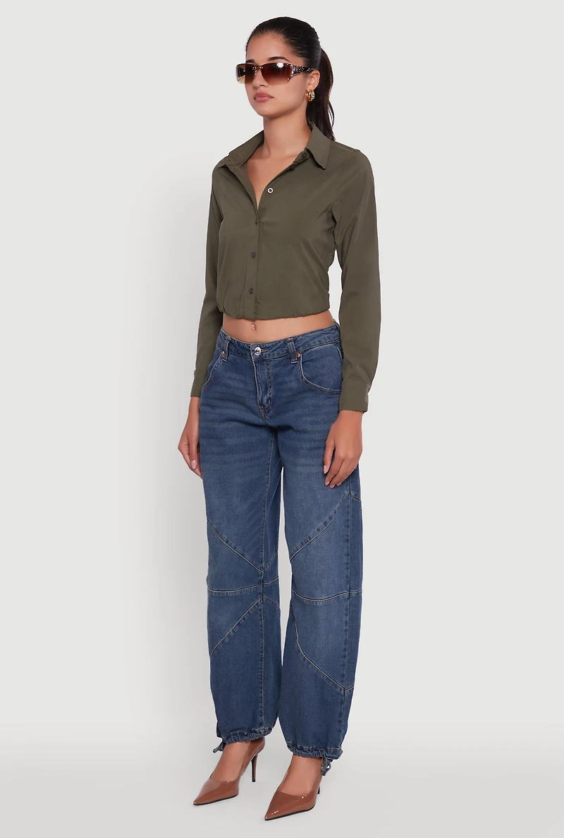 Womens Cropped Button Front Elastic Hem Blouse, Green, Size S