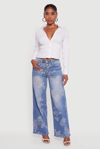 Collared Side Ruched Long Sleeve Button Front Shirt