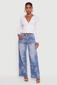 Collared Side Ruched Long Sleeve Button Front Shirt