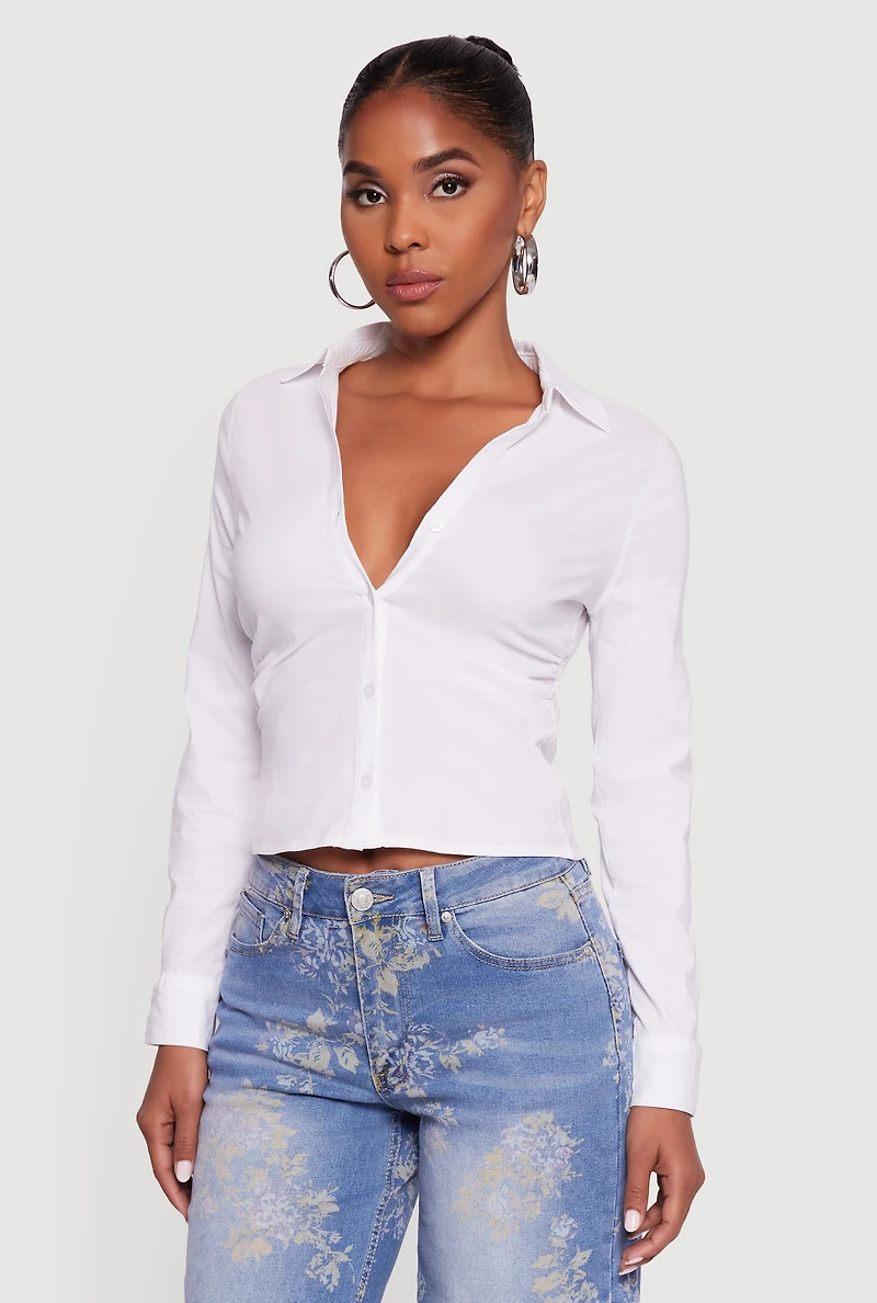 Womens Collared Side Ruched Long Sleeve Button Front Shirt, White, Size L