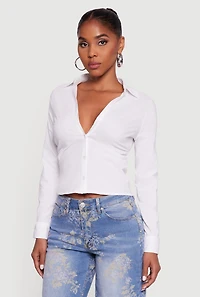 Womens Collared Side Ruched Long Sleeve Button Front Shirt, White, Size L