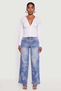 Womens Collared Side Ruched Long Sleeve Button Front Shirt, White, Size L