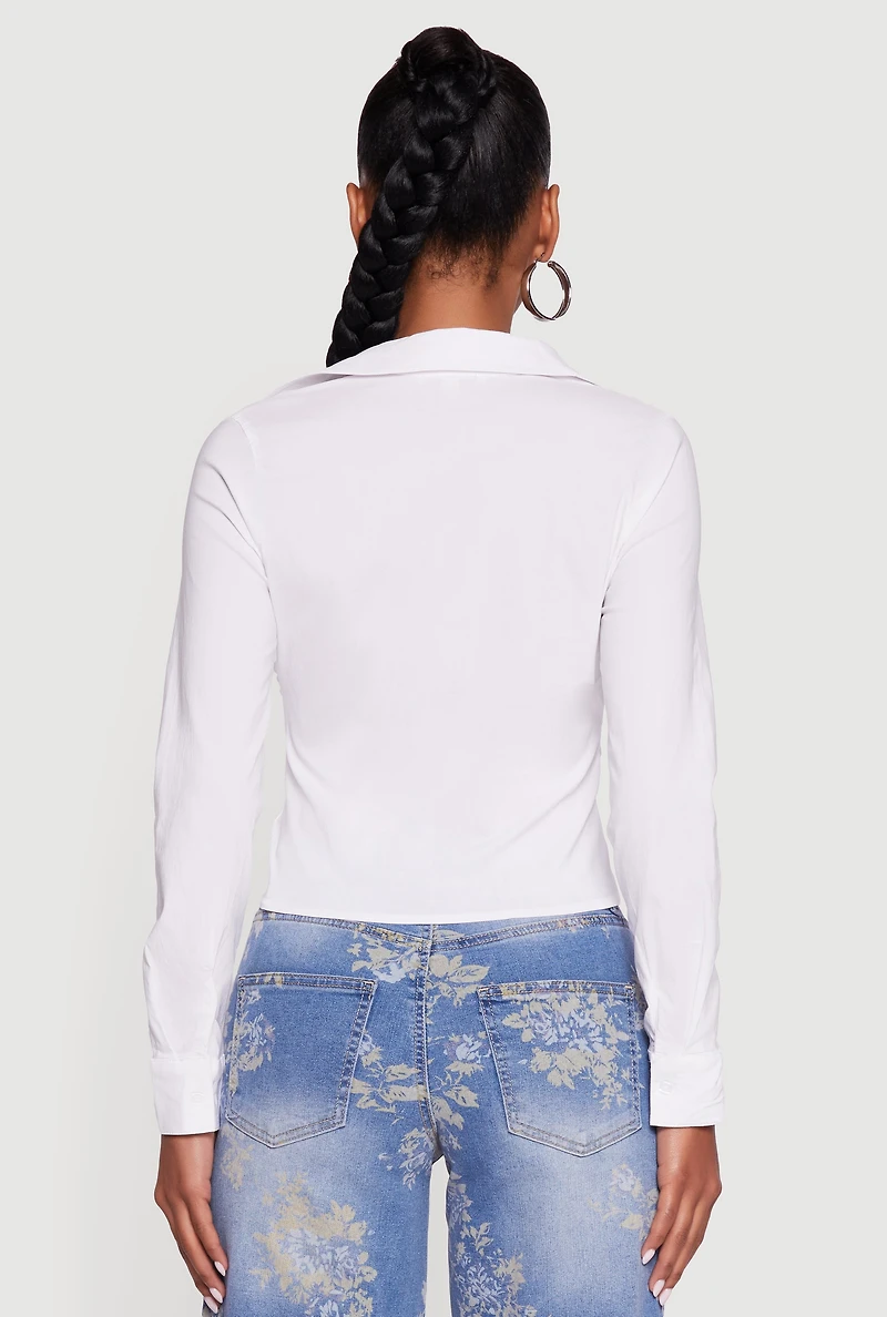 Collared Side Ruched Long Sleeve Button Front Shirt