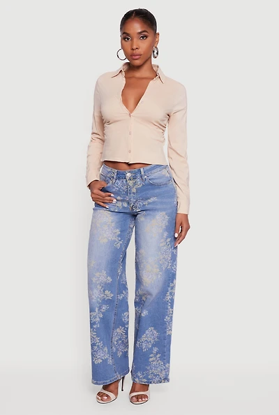 Womens Collared Side Ruched Long Sleeve Button Front Shirt,