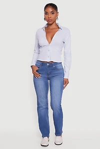 Womens Collared Side Ruched Long Sleeve Button Front Shirt, Blue, Size M