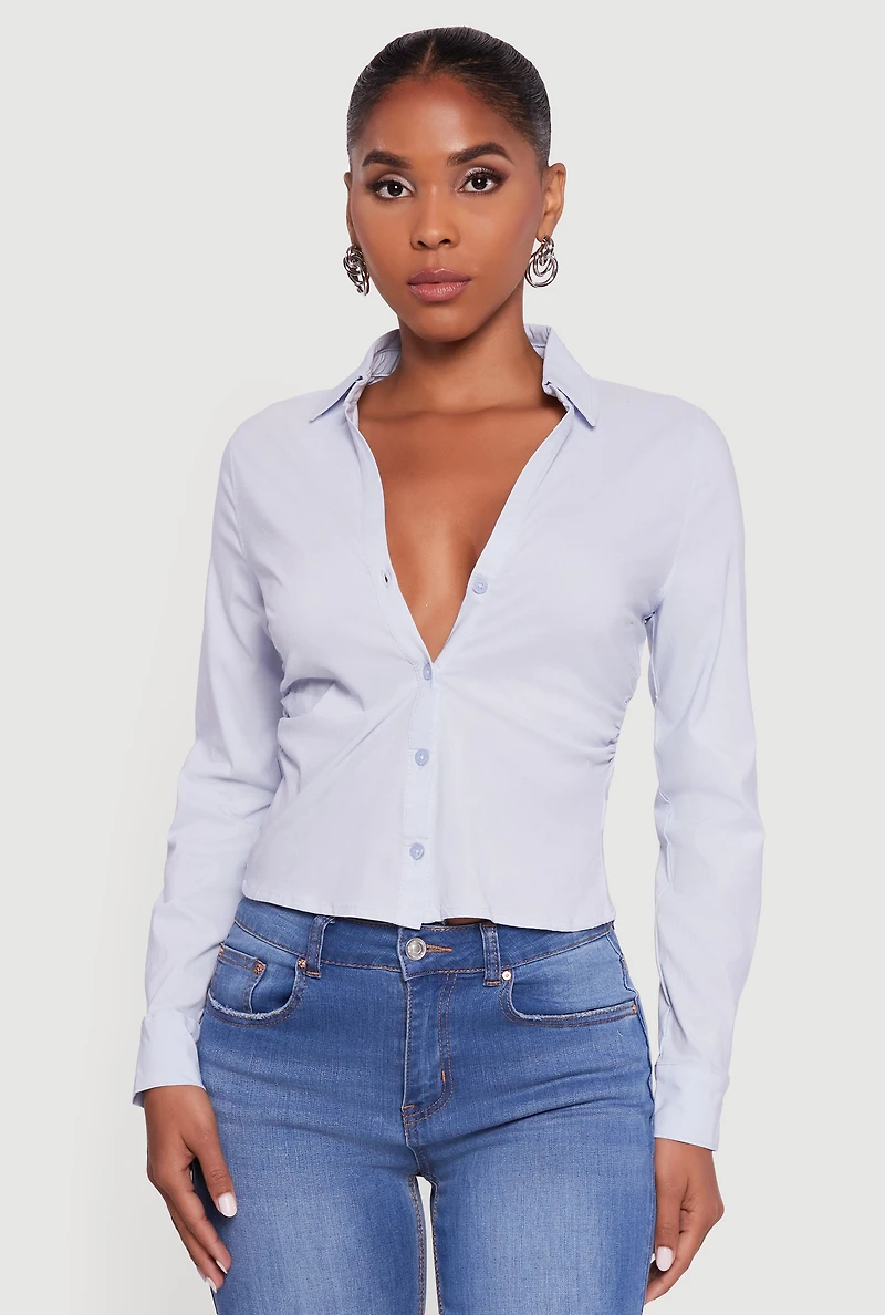 Womens Collared Side Ruched Long Sleeve Button Front Shirt, Blue, Size M