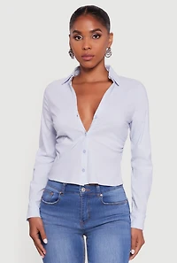 Womens Collared Side Ruched Long Sleeve Button Front Shirt, Blue, Size M