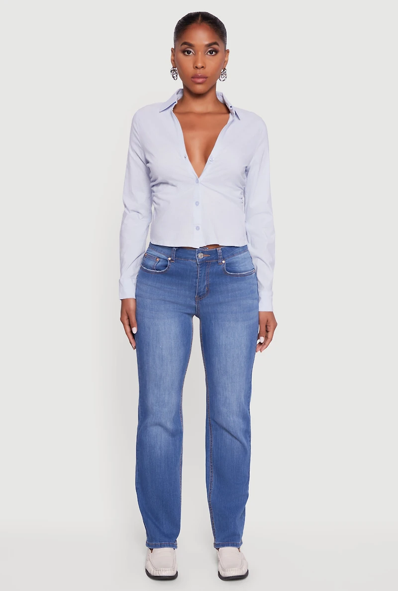 Womens Collared Side Ruched Long Sleeve Button Front Shirt, Blue, Size S