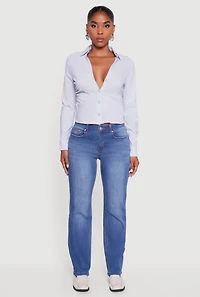 Womens Collared Side Ruched Long Sleeve Button Front Shirt, Blue, Size S