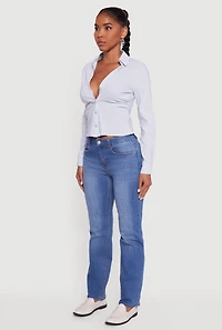 Womens Collared Side Ruched Long Sleeve Button Front Shirt, Blue, Size S