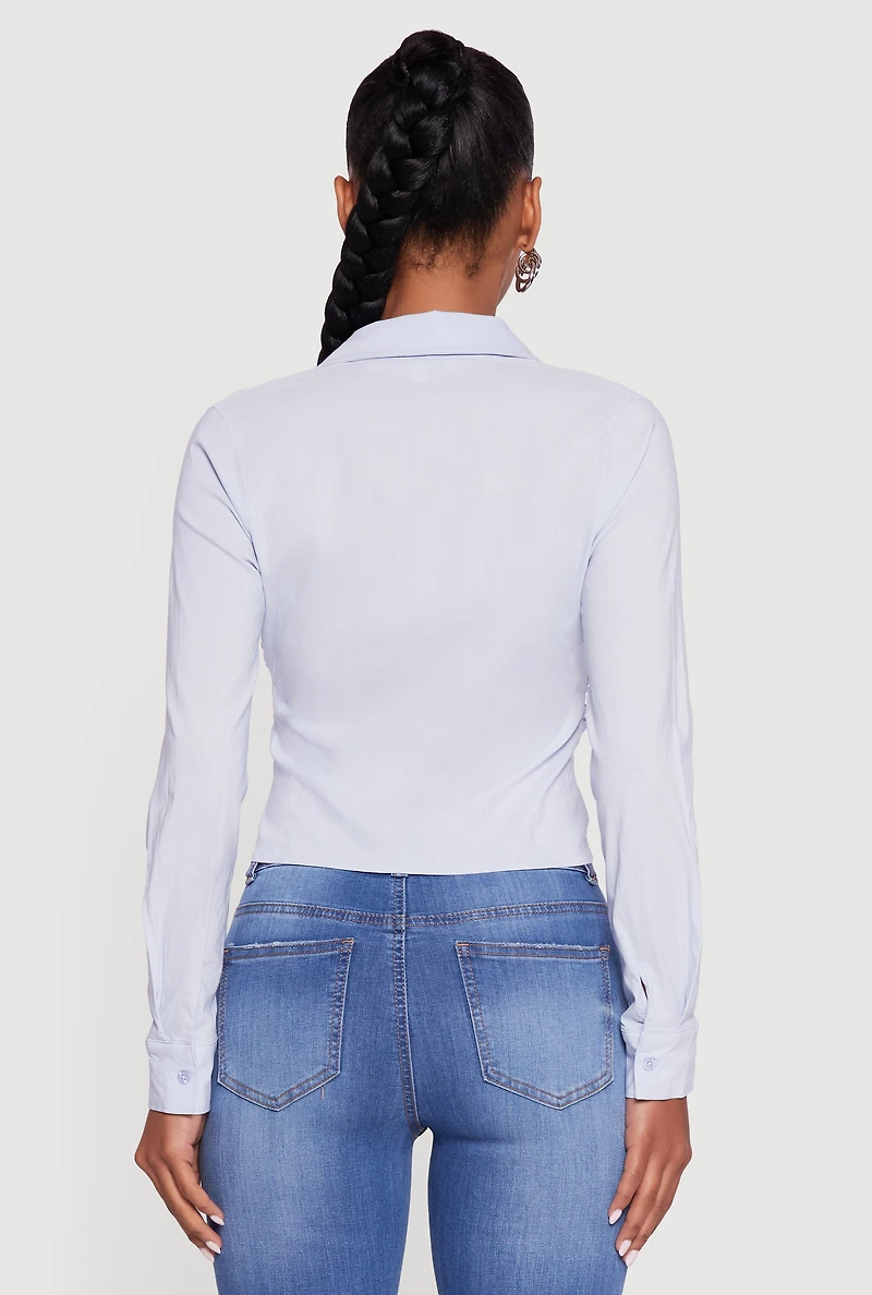 Womens Collared Side Ruched Long Sleeve Button Front Shirt, Blue, Size S