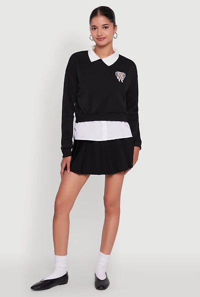 Shirt Collar Layered Look Patch Graphic Sweatshirt