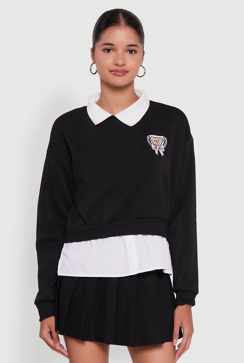 Womens Shirt Collar Layered Look Patch Graphic Sweatshirt, S