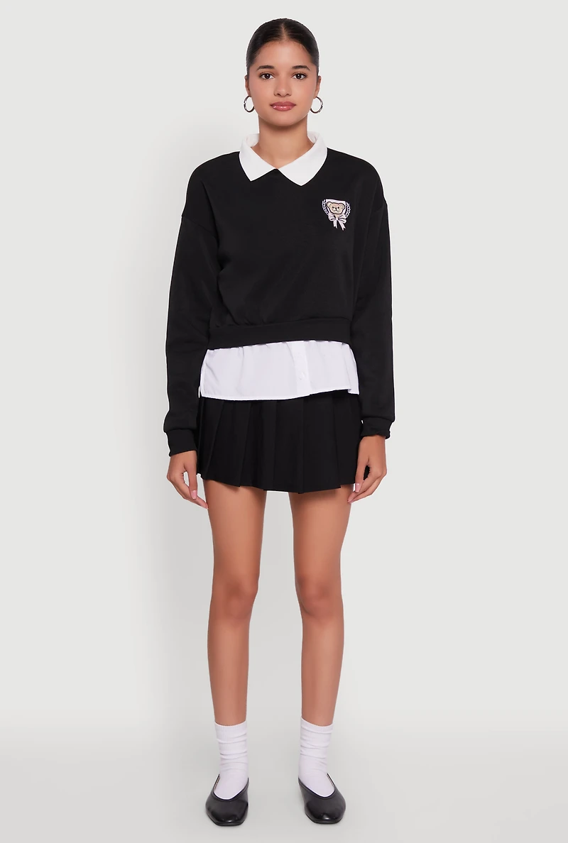 Womens Shirt Collar Layered Look Patch Graphic Sweatshirt, S