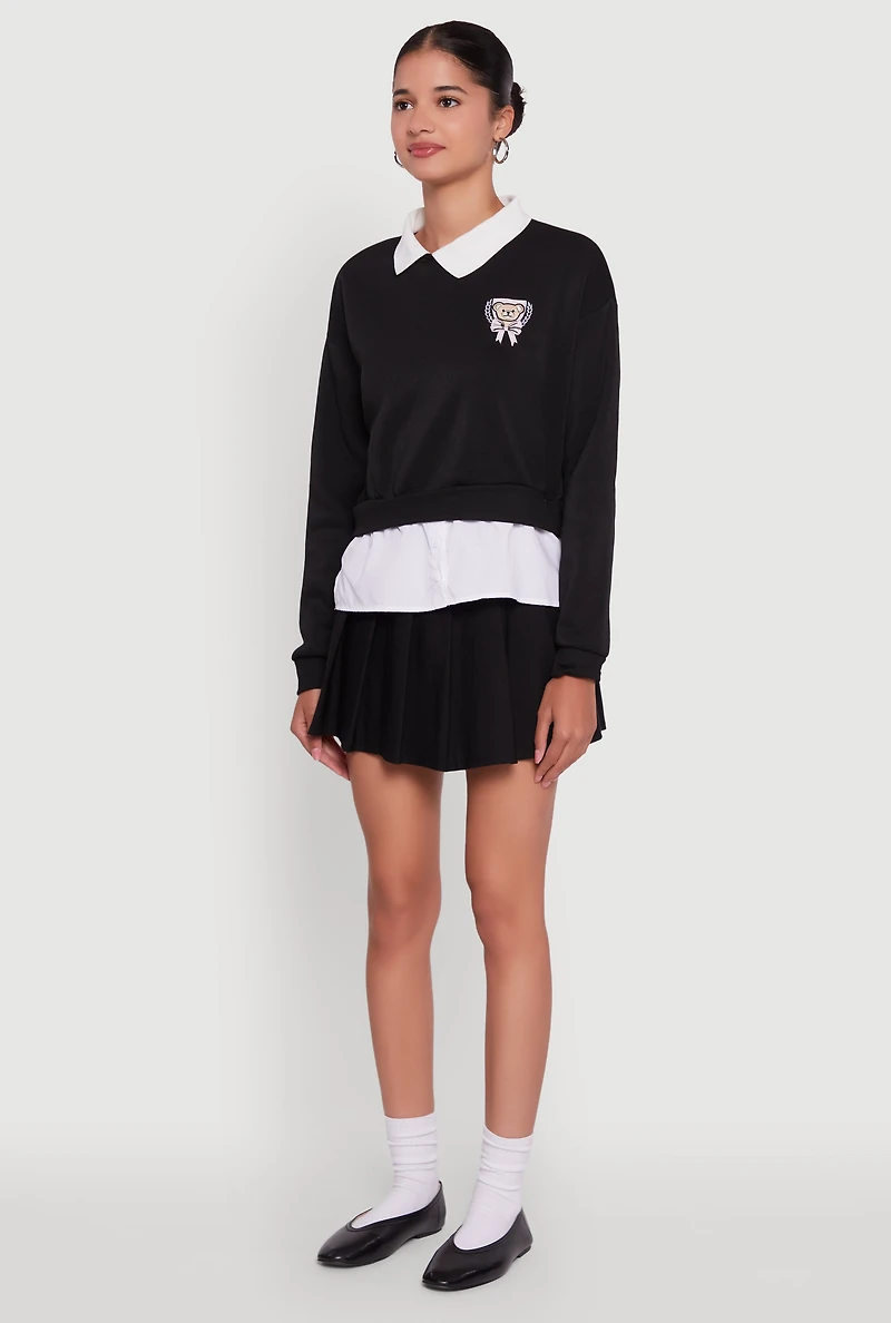 Womens Shirt Collar Layered Look Patch Graphic Sweatshirt, S
