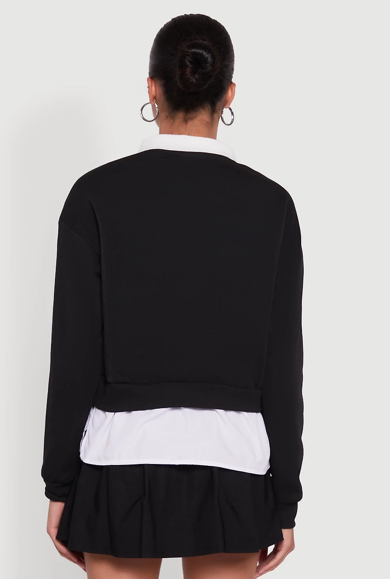 Womens Shirt Collar Layered Look Patch Graphic Sweatshirt, S