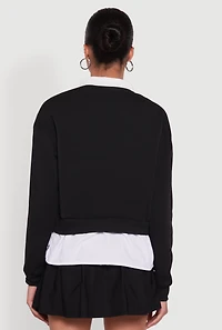 Womens Shirt Collar Layered Look Patch Graphic Sweatshirt, S