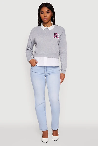 Womens Shirt Collar Layered Look Patch Graphic Sweatshirt, Grey,