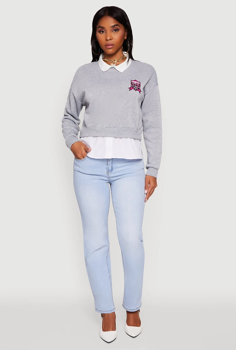 Shirt Collar Layered Look Patch Graphic Sweatshirt