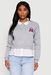 Womens Shirt Collar Layered Look Patch Graphic Sweatshirt, Grey,