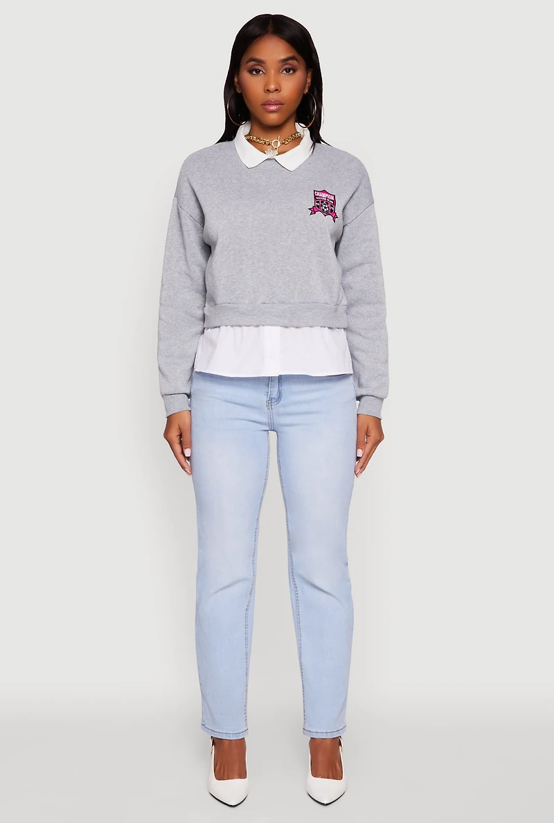 Womens Shirt Collar Layered Look Patch Graphic Sweatshirt, Grey,