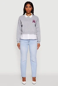 Womens Shirt Collar Layered Look Patch Graphic Sweatshirt, Grey,