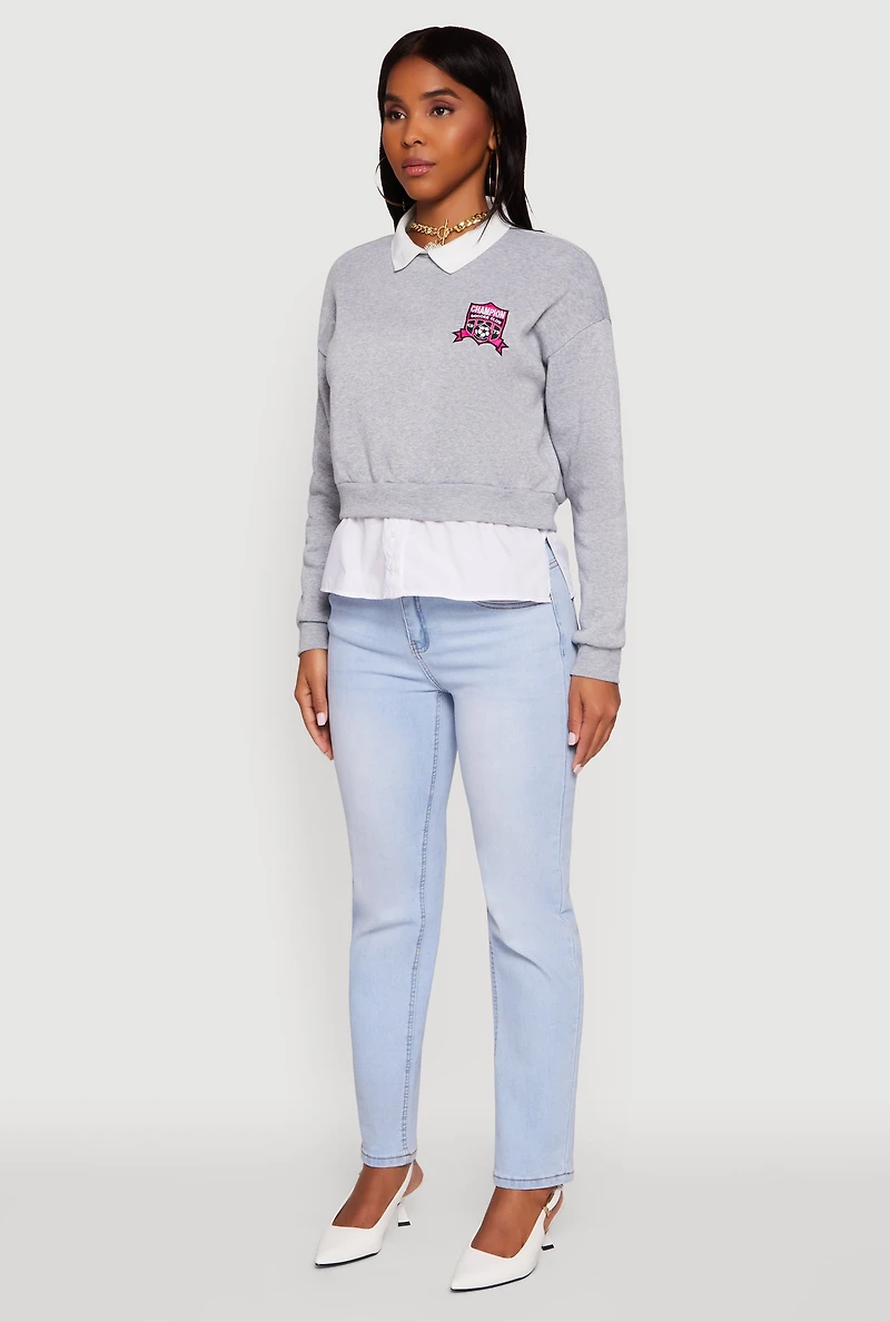 Womens Shirt Collar Layered Look Patch Graphic Sweatshirt, Grey,