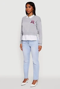 Womens Shirt Collar Layered Look Patch Graphic Sweatshirt, Grey,