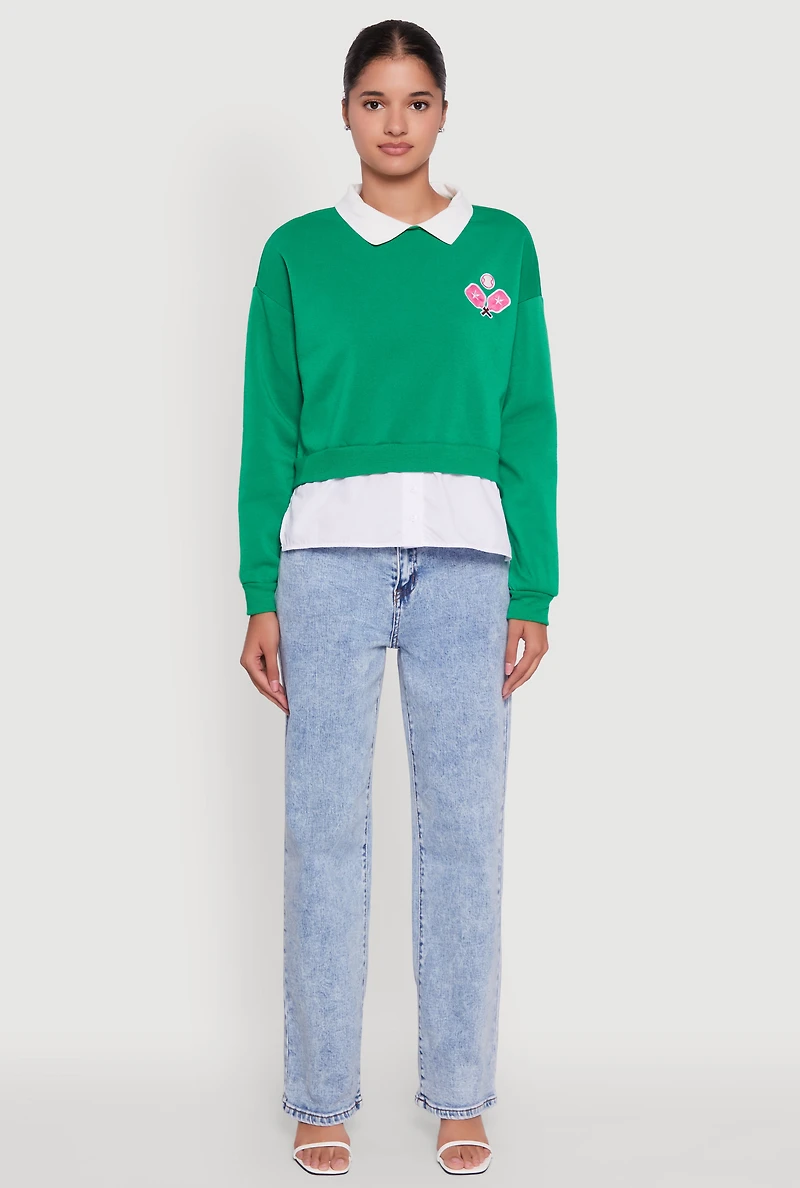 Womens Shirt Collar Layered Look Patch Graphic Sweatshirt, Green, Size S