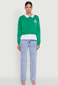 Womens Shirt Collar Layered Look Patch Graphic Sweatshirt, Green, Size S