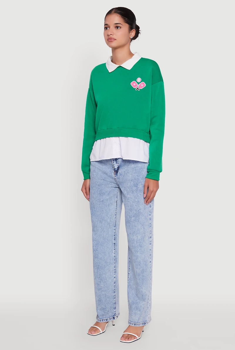 Womens Shirt Collar Layered Look Patch Graphic Sweatshirt, Green, Size S